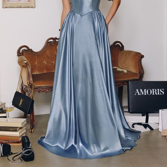 New LT Blue Off The Shoulder A-Line Bridesmaid Dress w/ Basque Waistline CD T821 - Picture 10 of 10